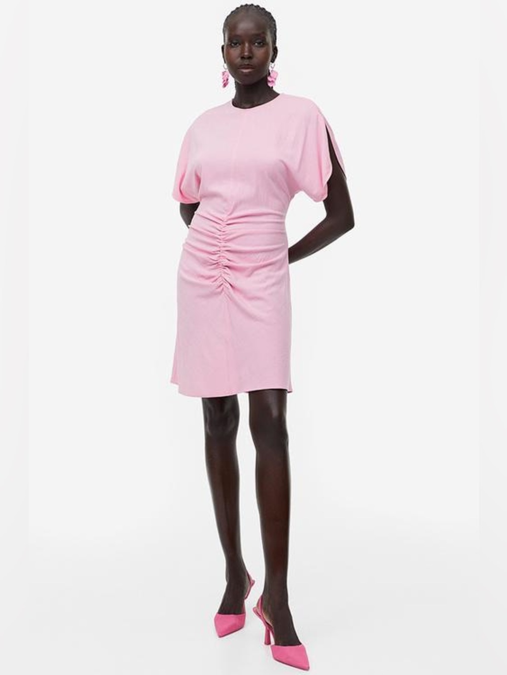 H&M Light Pink Slit Sleeved Dress Ruched Front Large Lightweight